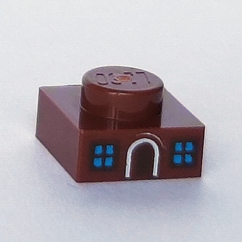 Lego Plate 1 x 1 with House Front, Two Blue Windows, Door print / Reddish Brown