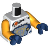 Lego Torso Space Suit, Dark Blue and Sand Blue Panel, Gold Lines, Classic Space Logo Print, Bright Light Orange Arms, Dark Blue Hands / White