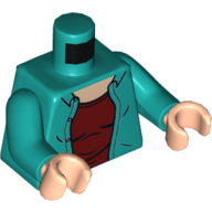 Lego Torso Shirt, Open over Dark Red Undershirt Print, Dark Turquoise Arms, Light Nougat Hands / Dark Turquoise