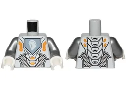 Torso Nexo Knights Armor with Orange and Gold Circuitry and White Horse Head on Sand Blue Pentagonal Shield Pattern / Flat Silver Arms / White Hands