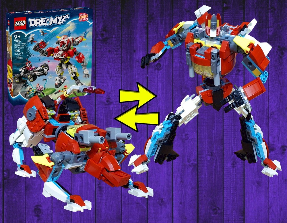 Lego Transformer Tiger built using LEGO Dreamzzz 71497: Cooper's Tiger Mech and Zero's Hot rod car
