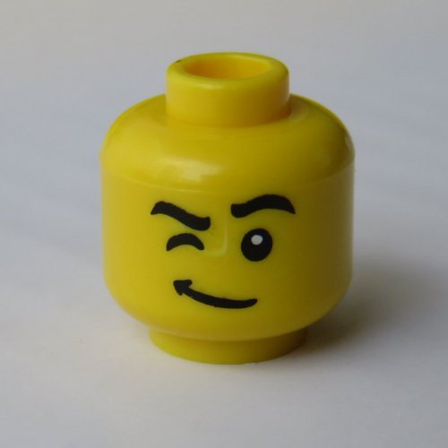 Lego Minifig Head, Eyebrows with Right Raised, Winking Right Eye, Thin Curving Line Mouth Print / Yellow