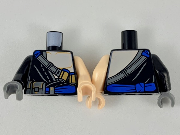 Lego Torso Robe Open Left Chest, Shoulder Belt Pattern / Light Nougat Arm Left / Black Arm Right / Light Nougat Hand Left / Dark Bluish Gray Hand Right