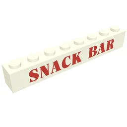 Brick 1 x 8 with 'SNACK BAR' Red Print [Embossed] / White
