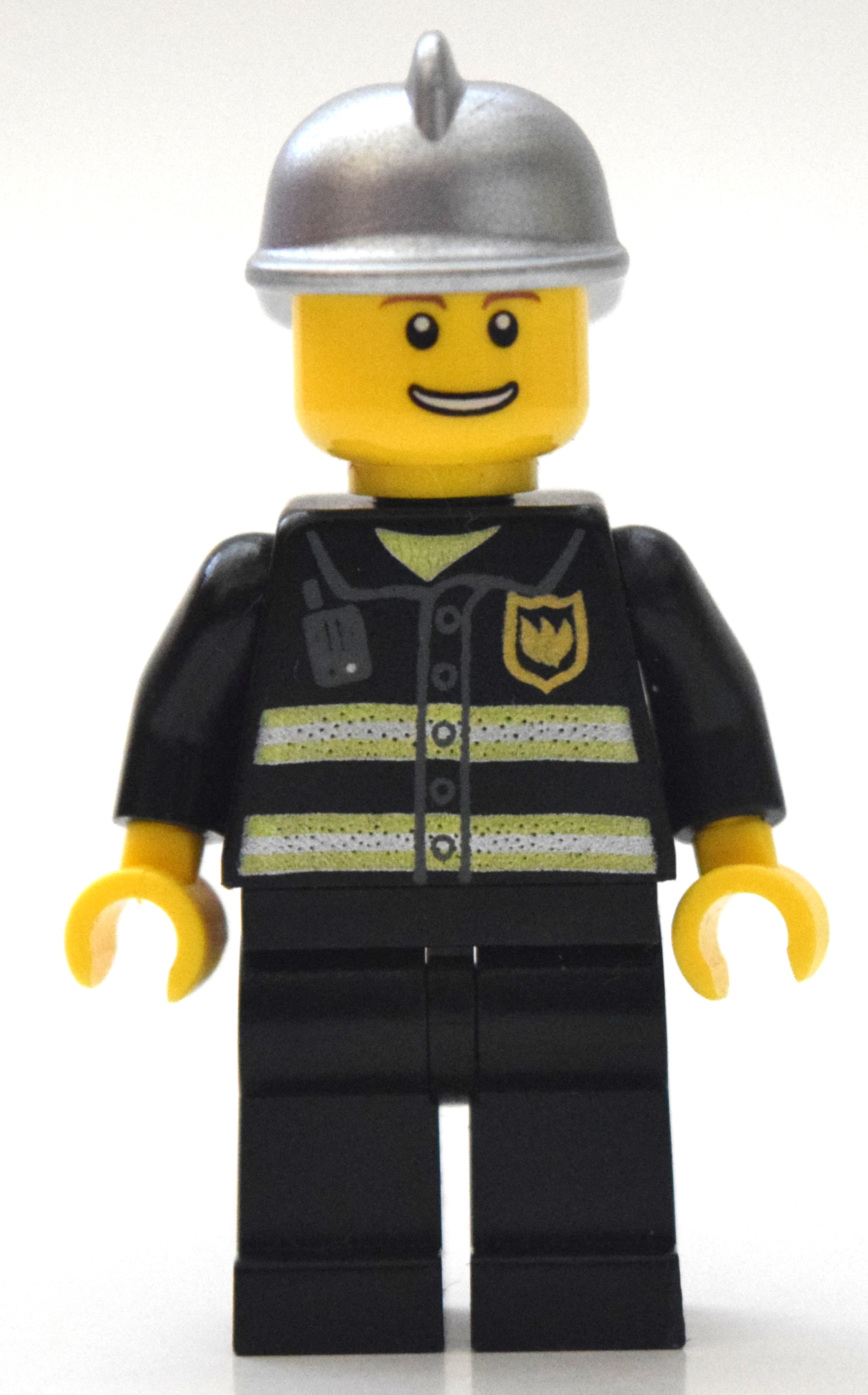 Lego Fireman, Black Fire Jacket with Reflective Stripes, Radio, and Badge, Silver Helmet