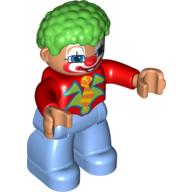 Lego Duplo Figure with Clown Hair Green, with Painted Face, Notched Lapels, and Medium Blue Legs / Red