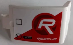 Technic, Panel Curved 3 x 5 x 3 with 'RESCUE', 'FUEL' on Black Arrow, Fuel Inlet, and Hatch on Red and White Stripe Pattern Model Left Side (Sticker) - Set 42092