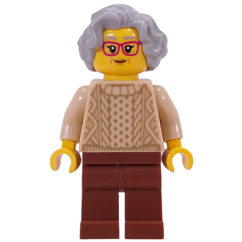 Lego Grandma, Tan Torso, Reddish Brown Legs, Light Bluish Grey