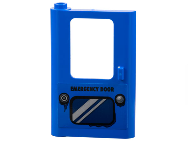 Lego Door 1 x 4 x 5 Train Left, Thick Support at Bottom with Black 'EMERGENCY DOOR', Dark Blue Panel with Silver Stripes Pattern (Sticker) - Set 77073