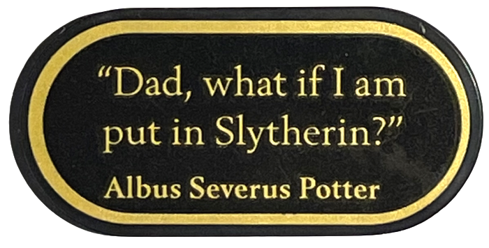 Lego Tile, Round 2 x 4 Oval with Gold '"Dad, what if I am put in Slytherin?"', 'Albus Severus Potter', and Border Pattern (Sticker) - Set 76405