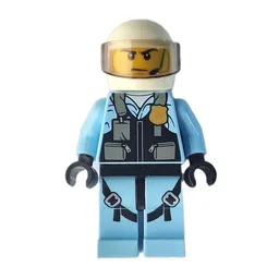 Policeman, Black Vest with Badge and Pouches over Bright Light Blue Shirt, White Helmet with Visor