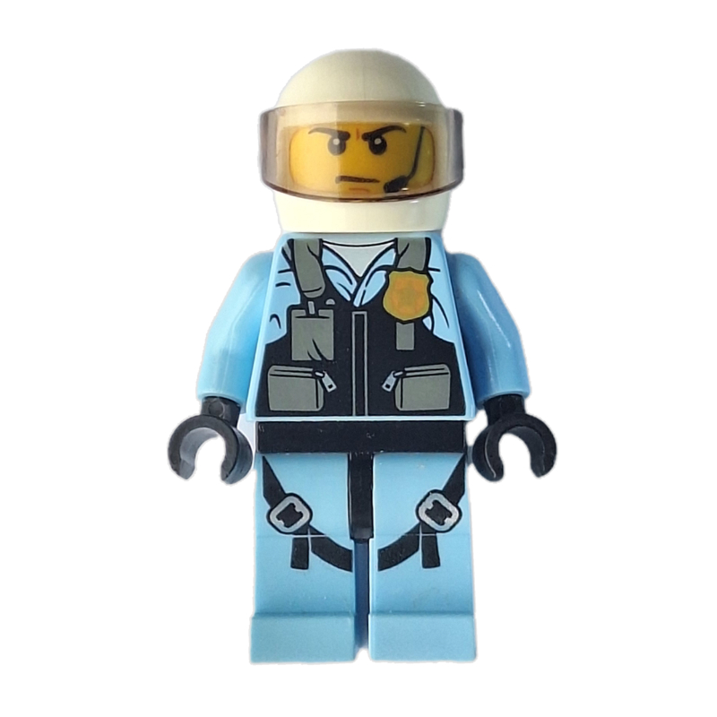 Lego Policeman, Black Vest with Badge and Pouches over Bright Light Blue Shirt, White Helmet with Visor