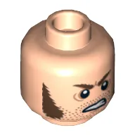 Minifig Head Barret, Reddish Brown Sideburns, Stubble and Angry Expression Print [Hollow Stud] / Light Nougat