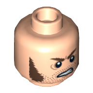 Lego Minifig Head Barret, Reddish Brown Sideburns, Stubble and Angry Expression Print [Hollow Stud] / Light Nougat