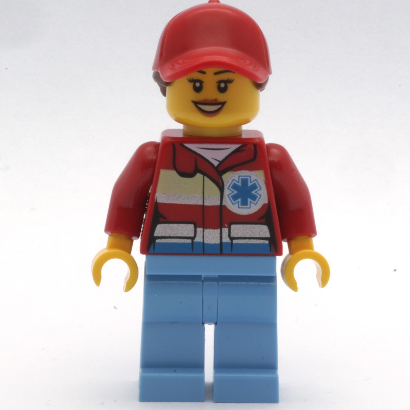 Lego Paramedic, Woman, Red Jacket with Star of Life, Red Cap with Hair, Open Mouth