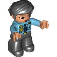 Lego Duplo Figure with Thick Short Hair Combed over Forehead and Bun Black, Black Legs, Medium Azure Top with Dark Blue Tie and Gold Police Badge Print / Medium Azure