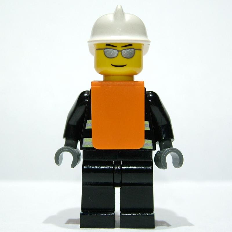 Lego Fireman, Black Fire Jacket with Reflective Stripes, Radio, and Badge, White Helmet, Orange Vest, Silver Sunglasses