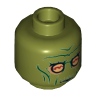 Lego Minifig Head Neimoidian Warrior, Green Wrinkles, Yellow Eyes with Red Lines Print [Hollow Stud] / Olive Green