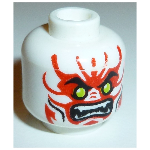 Lego Minifig Head General Kozu, Lime Eyes, White Fangs, Red Face Markings, Mouth, Cheek Lines Print / White