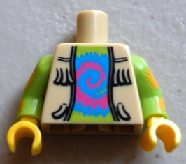 Lego Torso Vest Open with Fringe over Lime Shirt with Dark Pink and Medium Blue Tie-Dyed Swirl Pattern / Lime Arms with Bright Light Orange Tie-Dyed Stripes Pattern / Yellow Hands