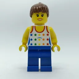 Woman, White Vest with Stars, Blue Legs, Reddish Brown Hair