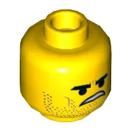Minifig Head Rex Dangervest, Dual Sided, Stoppled Beard, Open Smile, Tongue / Angry Print [Hollow Stud] / Yellow