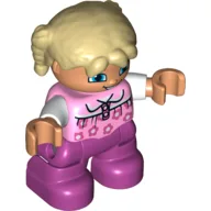 Duplo Figure Child with Pigtails Tan, with Bright Pink Top with Flowers and White Sleeves - Magenta Legs / Bright Pink