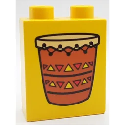 Duplo Brick 1 x 2 x 2 with Indian Drum Print / Yellow