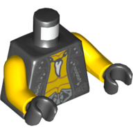 Lego Torso Leather Vest over Bare Chest, Tooth Necklace, Snake Heads Belt Buckle / Snake Head on Back Print, Yellow Arms, Black Hands / Black