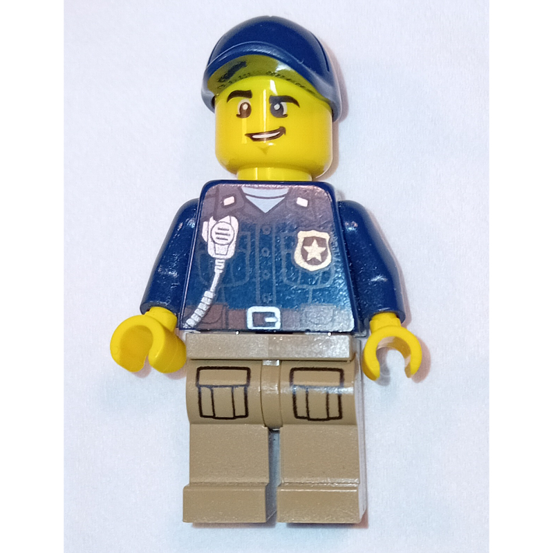Lego Policeman, Dark Blue Shirt with Radio and Badge, Dark Tan Legs, Dark Blue Cap