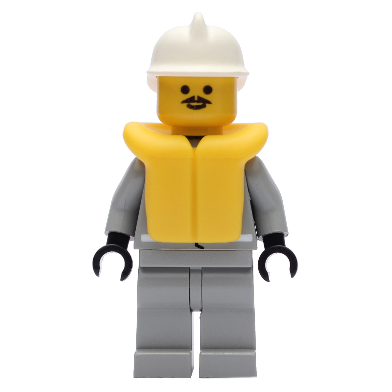 Lego Fireman, Shirt with Gauge and Pocket, Light Gray Legs, White Helmet, Yellow Life Vest