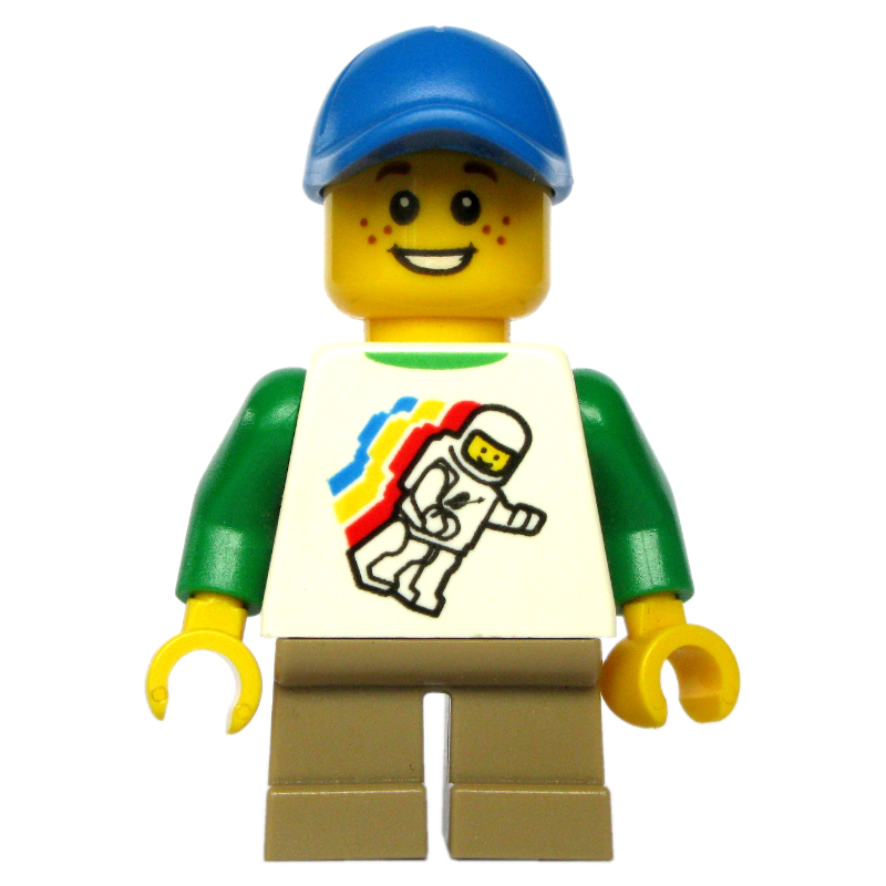 Lego Kid - White Torso, Classic Space Figure, Dark Tan Legs, Blue Cap