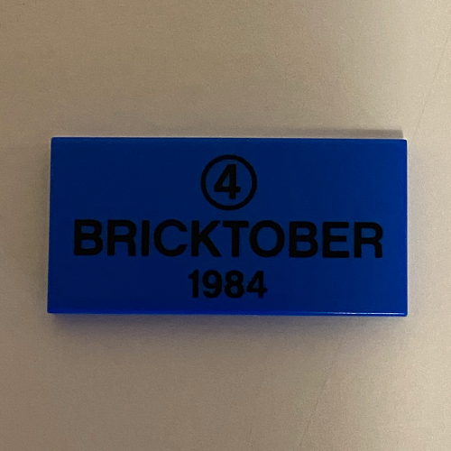 Lego Tile 2 x 4 with '4' in Circle, 'BRICKTOBER 1984' Print / Blue