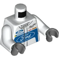 Torso Race Suit with Ford Logo and 'GT' on Front and Ford Logo / 'Powered by EcoBoost' on Back Print, White Arms, Dark Bluish Gray Hands / White