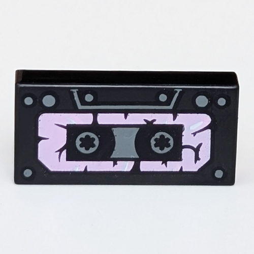 Lego Tile 1 x 2 with Damaged Cassette Tape print / Black