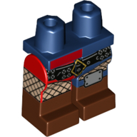 Lego Hips and Dark Blue Left Leg, Red Right Leg and Reddish Brown Boots Pattern, Fish Stocking, Black Belt, Buckle, Knee Cap / Dark Blue