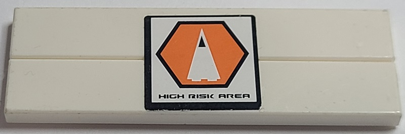 Lego Stickered Assembly 6 x 2 with 'HIGH RISK AREA' and Orange Hexagon with Black Border and White Triangle Pattern (Sticker) - Set 7690