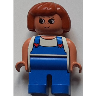 Lego Duplo Figure, Early, Hair Bob Dark Orange, Blue Legs, White Top with Blue Overalls with Red Hearts Print / White
