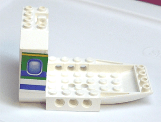 Lego Aircraft Fuselage Forward Bottom Angular 6 x 10 x 5 (Cockpit) with Blue and Green Window Pattern on Both Sides (Stickers) - Set 4620