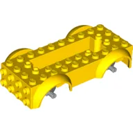 Vehicle Base 4 x 10 x 2 1/2 with Mudguards, Wheel Pins and 6 x 2 Centre Recess with 3 Holes, Light Bluish Gray Wheel Holders / Yellow
