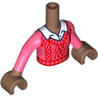 Lego Minidoll Torso Girl with Medium Brown Arms and Hands with Collar/Red Sweater, White Shirt print / Medium Brown