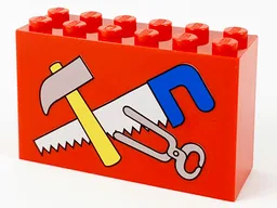 Brick 2 x 6 x 3 with Hammer, Tongs and Saw with Blue Handle Pattern