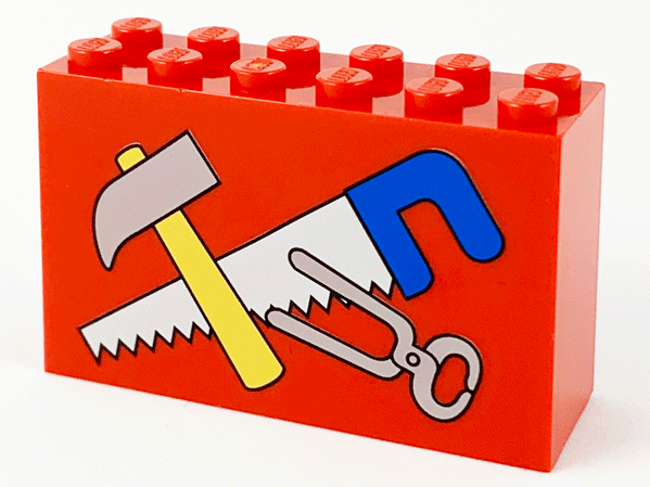 Lego Brick 2 x 6 x 3 with Hammer, Tongs and Saw with Blue Handle Pattern