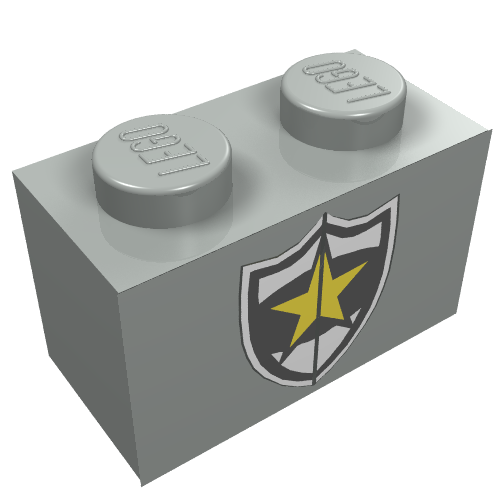 Lego Brick 1 x 2 with Police Yellow Star Badge Print / Light Gray