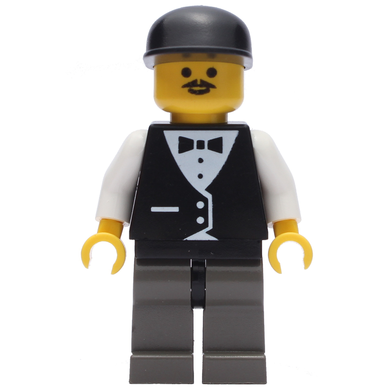 Lego Man, Black Vest over White Shirt with Tie, Dark Gray Legs, Black Cap, Moustache