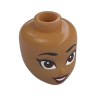 Lego Minidoll Head, Black Eyebrows, Reddish Brown Eyes, Dark Red Lips, Open Mouth Smile / Medium Nougat