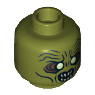 Lego Minifig Head Orc, Dual Sided, White Eyes and Teeth, Wide Eyes / Narrow Eyes Print [Hollow Stud] / Olive Green