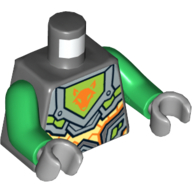 Lego Torso Armor with Orange and Gold Circuitry and Lime Emblem Framed with Orange Fox Head Print, Green Arms, Light Bluish Gray Hands / Dark Bluish Gray