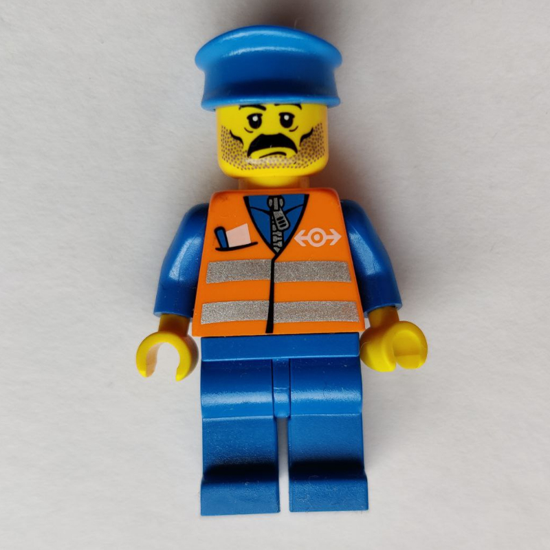 Lego Train Worker, Orange Safety Vest with Train Logo, Blue Legs, Blue Hat, Moustache