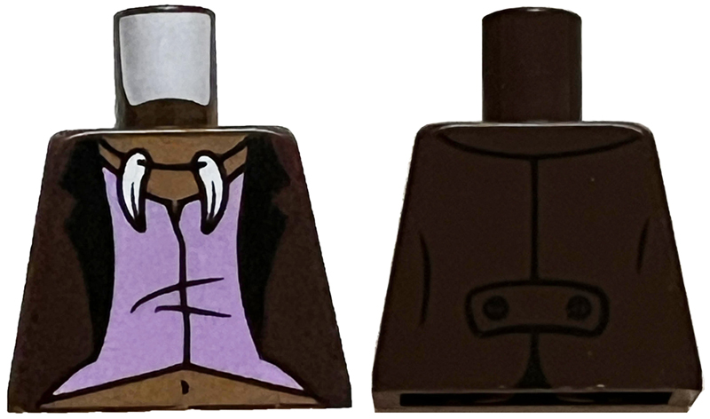 Lego Torso Jacket Open with Black Lapels over Medium Lavender Vest, White Animal Tooth / Claw Necklace, Medium Brown Neck and Stomach Pattern